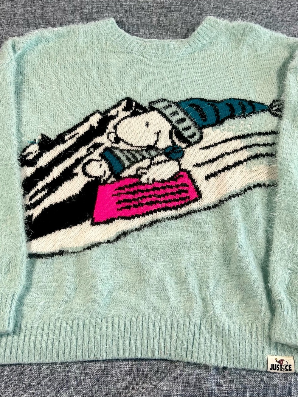 Justice Light Teal Snoopy Novelty Crewneck Sweater with Hot Pink Accent
